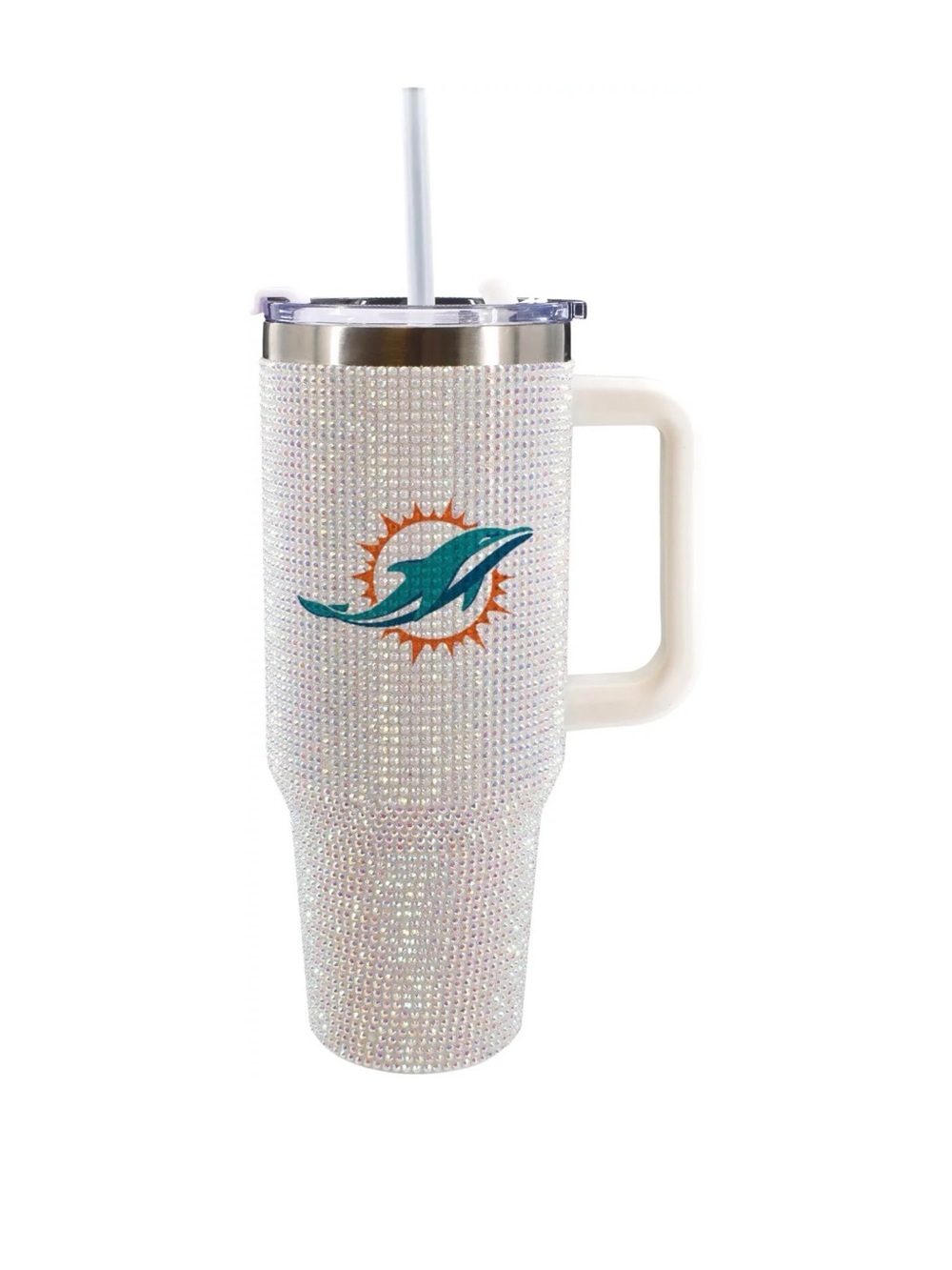 Miami Dolphins Crystal Rhinestone Travel Tumbler with Handle - White